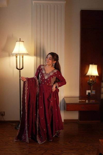 Extraordinary Brown Premium Vichitra Gown Pant Set with Sequence Embroidered Dupatta Ready To Wear Collection