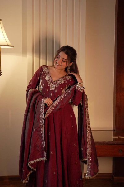 Extraordinary Brown Premium Vichitra Gown Pant Set with Sequence Embroidered Dupatta Ready To Wear Collection