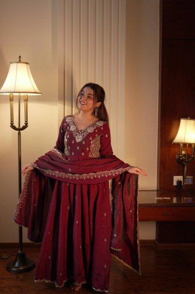 Extraordinary Brown Premium Vichitra Gown Pant Set with Sequence Embroidered Dupatta Ready To Wear Collection