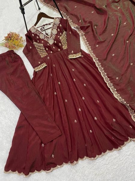 Extraordinary Brown Premium Vichitra Gown Pant Set with Sequence Embroidered Dupatta Ready To Wear Collection