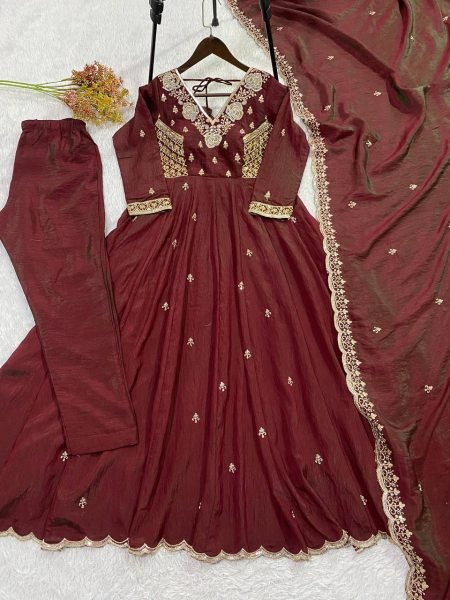 Extraordinary Brown Premium Vichitra Gown Pant Set with Sequence Embroidered Dupatta Ready To Wear Collection