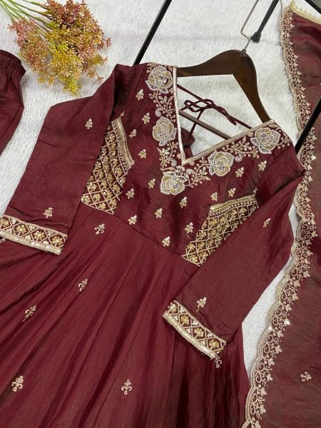 Extraordinary Brown Premium Vichitra Gown Pant Set with Sequence Embroidered Dupatta Ready To Wear Collection