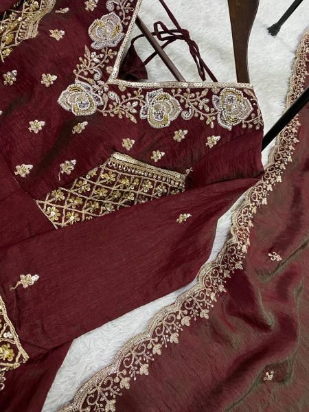 Extraordinary Brown Premium Vichitra Gown Pant Set with Sequence Embroidered Dupatta Ready To Wear Collection