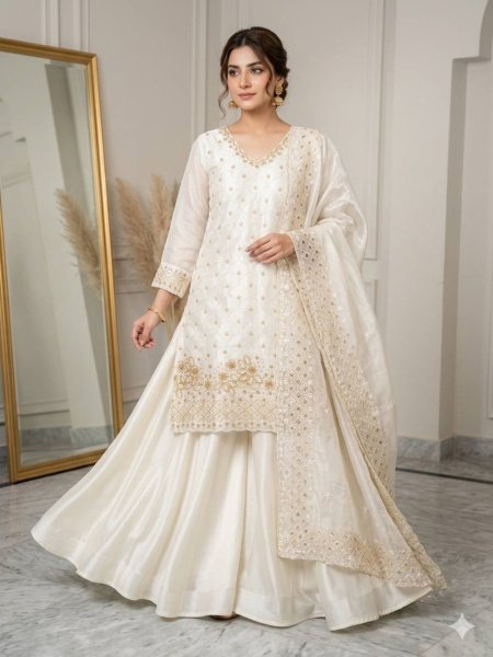 Extraordinary Cream Fendy Palazzo Suit with Beads and Sequins Embroidery Work 