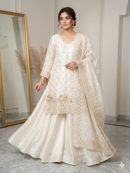 Extraordinary Cream Fendy Palazzo Suit with Beads and Sequins Embroidery Work Ready To Wear Collection
