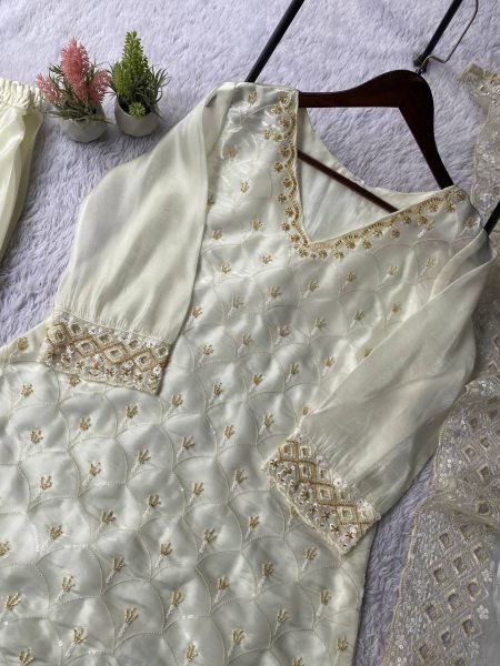 Extraordinary Cream Fendy Palazzo Suit with Beads and Sequins Embroidery Work Ready To Wear Collection