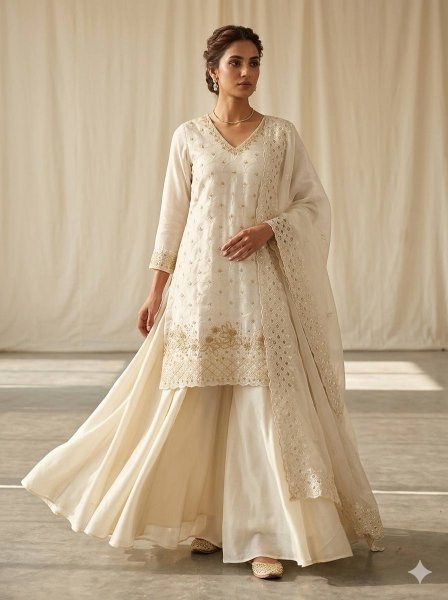 Extraordinary Cream Fendy Palazzo Suit with Beads and Sequins Embroidery Work Ready To Wear Collection