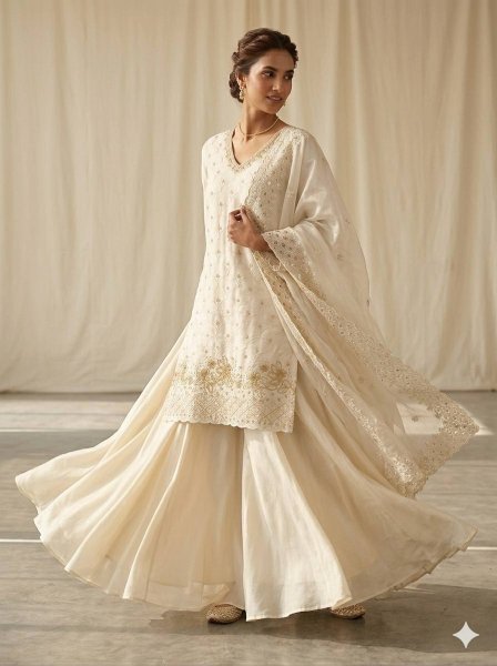 Extraordinary Cream Fendy Palazzo Suit with Beads and Sequins Embroidery Work Ready To Wear Collection