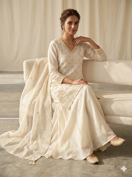 Extraordinary Cream Fendy Palazzo Suit with Beads and Sequins Embroidery Work Ready To Wear Collection
