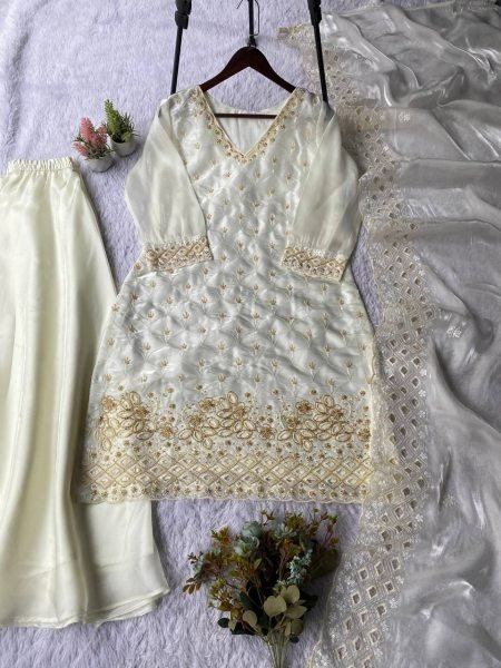Extraordinary Cream Fendy Palazzo Suit with Beads and Sequins Embroidery Work Ready To Wear Collection