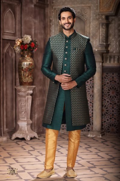 Extraordinary Dark Green Wear Jacket Set for Men Party and Reception Look Kurta Pajama Wholesale