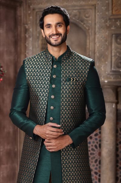 Extraordinary Dark Green Wear Jacket Set for Men Party and Reception Look Kurta Pajama Wholesale