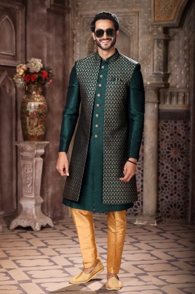 Extraordinary Dark Green Wear Jacket Set for Men Party and Reception Look Kurta Pajama Wholesale