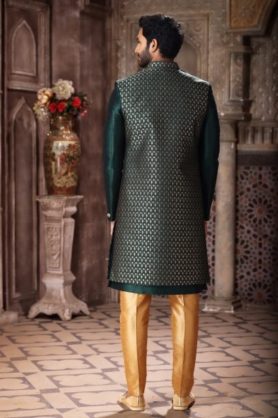 Extraordinary Dark Green Wear Jacket Set for Men Party and Reception Look Kurta Pajama Wholesale