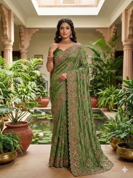 Extraordinary Green Party Wear Satin Saree with Embellishment Work at Manufacturer Price Sarees 