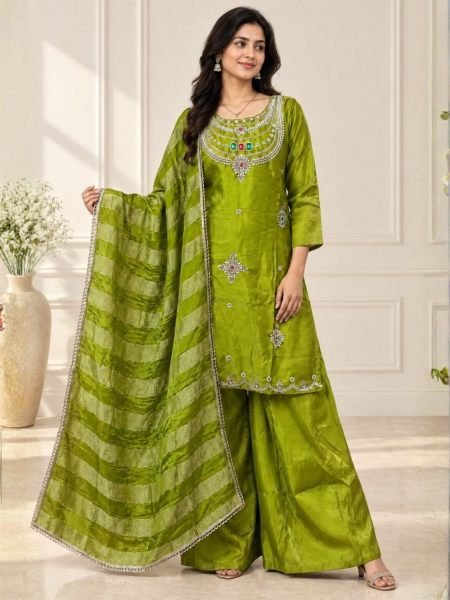 Extraordinary Green Party Wear Glass Silk Top Palazzo Set with Beads and Stone Work Kurtis