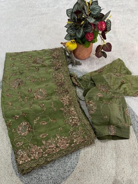 Extraordinary Green Party Wear Satin Saree with Embellishment Work at Manufacturer Price Silk Sarees Wholesale