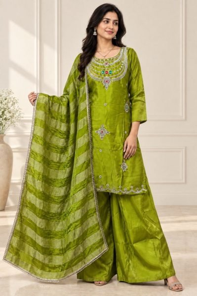 Extraordinary Green Party Wear Glass Silk Top Palazzo Set with Beads and Stone Work 3 Piece Kurti Set