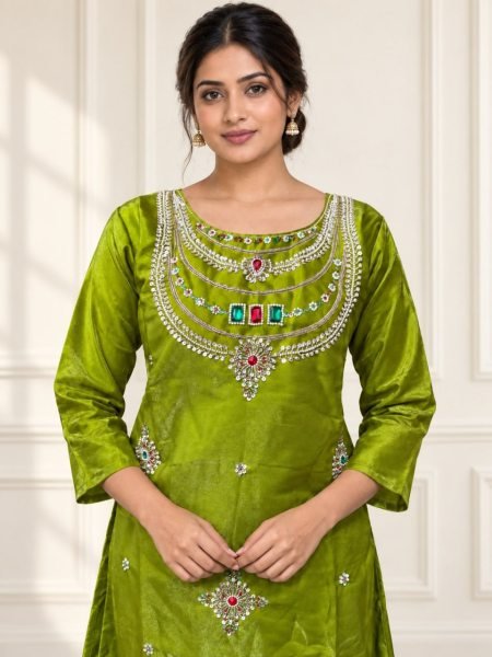Extraordinary Green Party Wear Glass Silk Top Palazzo Set with Beads and Stone Work 3 Piece Kurti Set