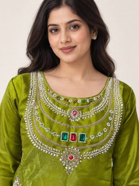 Extraordinary Green Party Wear Glass Silk Top Palazzo Set with Beads and Stone Work 3 Piece Kurti Set