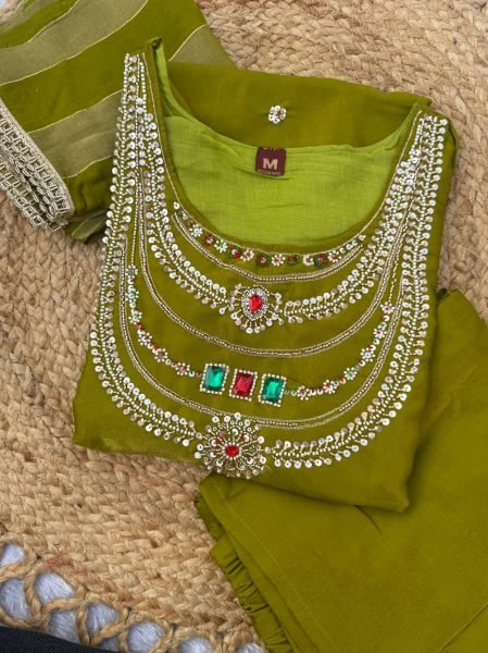 Extraordinary Green Party Wear Glass Silk Top Palazzo Set with Beads and Stone Work 3 Piece Kurti Set