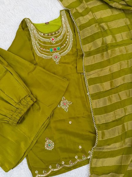 Extraordinary Green Party Wear Glass Silk Top Palazzo Set with Beads and Stone Work 3 Piece Kurti Set