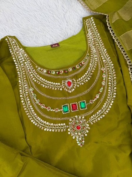 Extraordinary Green Party Wear Glass Silk Top Palazzo Set with Beads and Stone Work 3 Piece Kurti Set