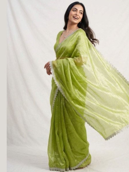 Extraordinary Green Premium Jimmy Choo Fabric Saree with Matching Blouse For Party Wear Sarees 
