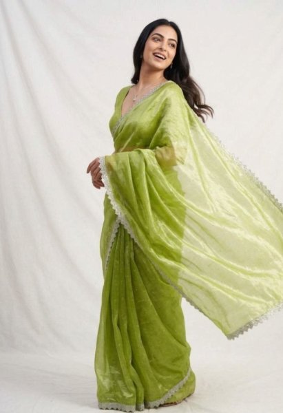 Extraordinary Green Premium Jimmy Choo Fabric Saree with Matching Blouse For Party Wear Silk Sarees Wholesale