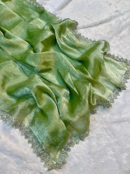 Extraordinary Green Premium Jimmy Choo Fabric Saree with Matching Blouse For Party Wear Silk Sarees Wholesale