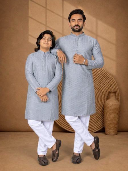 Extraordinary Grey Chikankari Kurta Pajama Set for Men with Comfortable Cotton Bottom Father Son Collection 