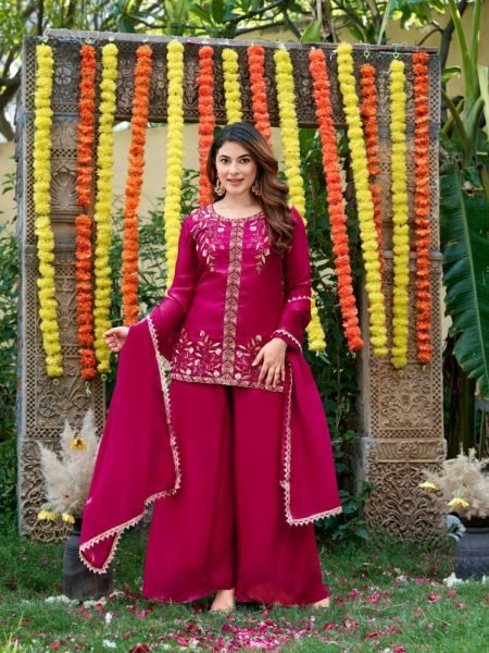 Extraordinary Hot Pink Festival Wear Fendy Satin Embroidered Suit Set with Dupatta 