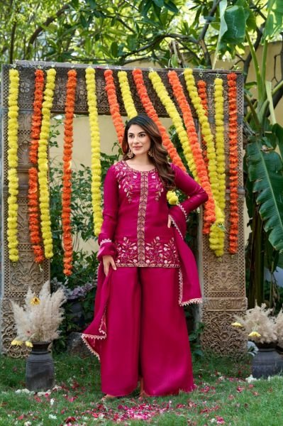 Extraordinary Hot Pink Festival Wear Fendy Satin Embroidered Suit Set with Dupatta Embroidery Kurtis 