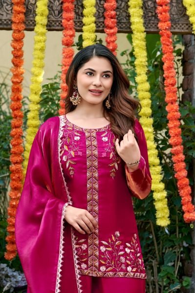 Extraordinary Hot Pink Festival Wear Fendy Satin Embroidered Suit Set with Dupatta Embroidery Kurtis 