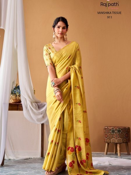 Extraordinary Light Yellow Tissue Silk Woven Saree with Tassels And Red Floar Pallu Silk Sarees Wholesale