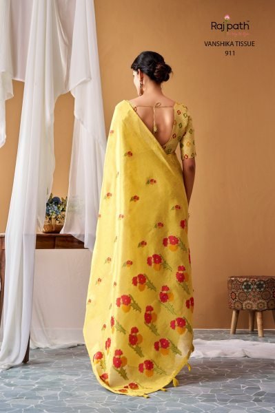 Extraordinary Light Yellow Tissue Silk Woven Saree with Tassels And Red Floar Pallu Silk Sarees Wholesale