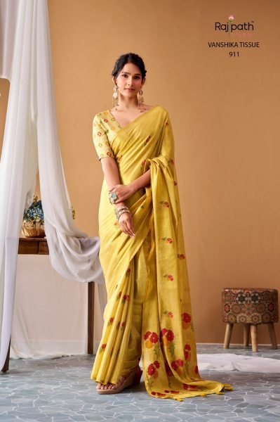 Extraordinary Light Yellow Tissue Silk Woven Saree with Tassels And Red Floar Pallu Silk Sarees Wholesale