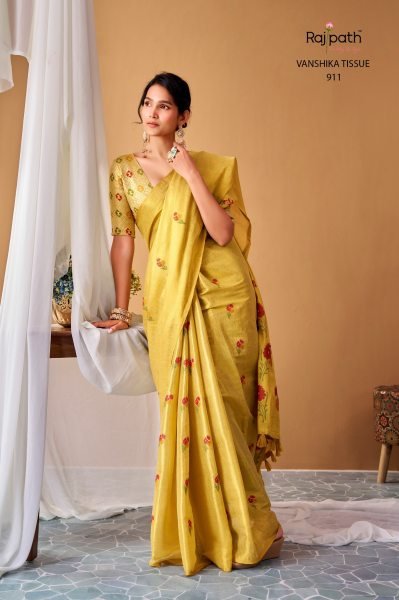 Extraordinary Light Yellow Tissue Silk Woven Saree with Tassels And Red Floar Pallu Silk Sarees Wholesale