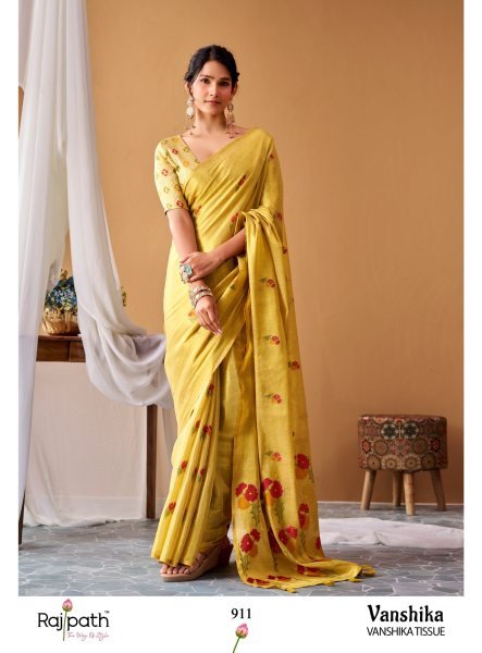 Extraordinary Light Yellow Tissue Silk Woven Saree with Tassels And Red Floar Pallu Silk Sarees Wholesale
