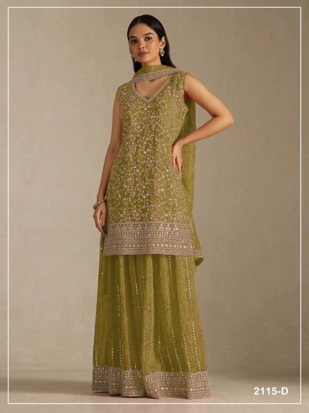 Extraordinary Mahendi Green Wedding Wear Faux Georgette Suit Set with Sequence Embroidery Work 