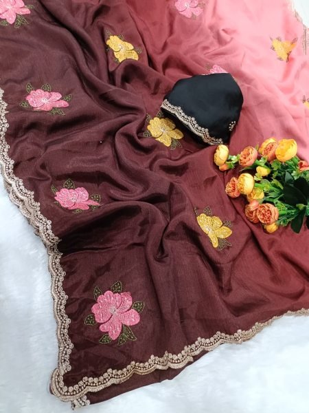 Extraordinary Maroon Chinon Padding Saree for Functions and Boutique Collections Embroidery Sarees Wholesale
