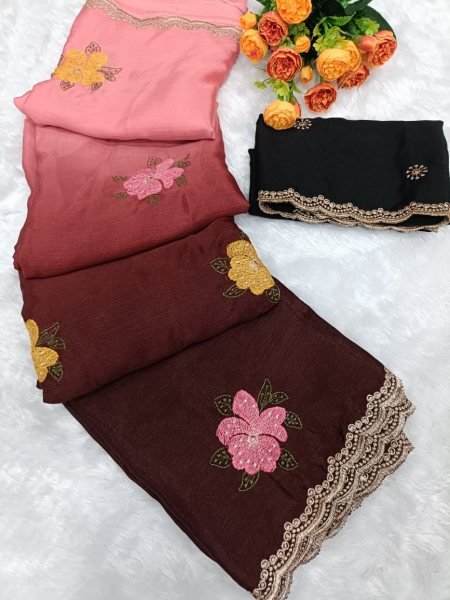 Extraordinary Maroon Chinon Padding Saree for Functions and Boutique Collections Embroidery Sarees Wholesale