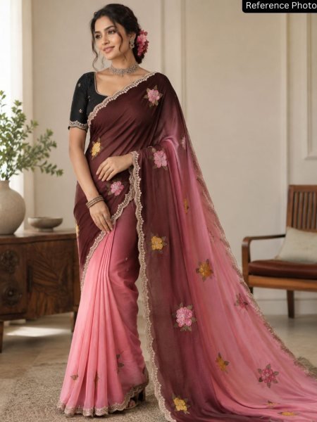 Extraordinary Maroon Chinon Padding Saree for Functions and Boutique Collections Embroidery Sarees Wholesale