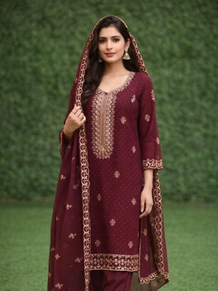 Extraordinary Maroon Georgette Zari Work Dress Material with Diamond Work Dupatta 