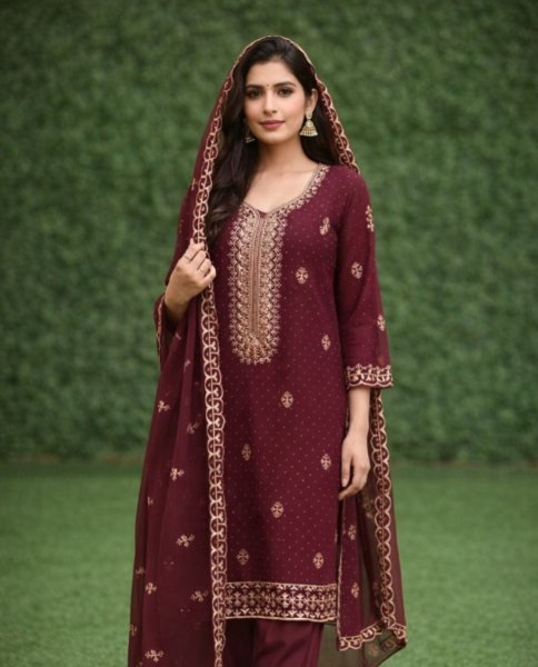 Extraordinary Maroon Georgette Zari Work Dress Material with Diamond Work Dupatta Color Set Matching Dress Material Wholesale