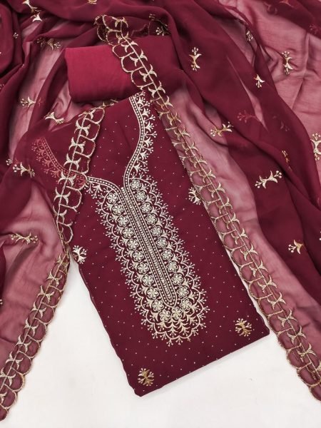 Extraordinary Maroon Georgette Zari Work Dress Material with Diamond Work Dupatta Color Set Matching Dress Material Wholesale