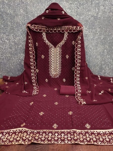 Extraordinary Maroon Georgette Zari Work Dress Material with Diamond Work Dupatta Color Set Matching Dress Material Wholesale