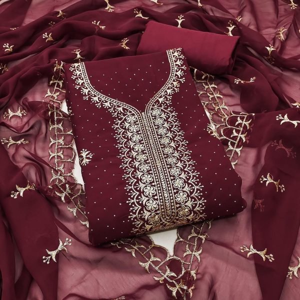 Extraordinary Maroon Georgette Zari Work Dress Material with Diamond Work Dupatta Color Set Matching Dress Material Wholesale