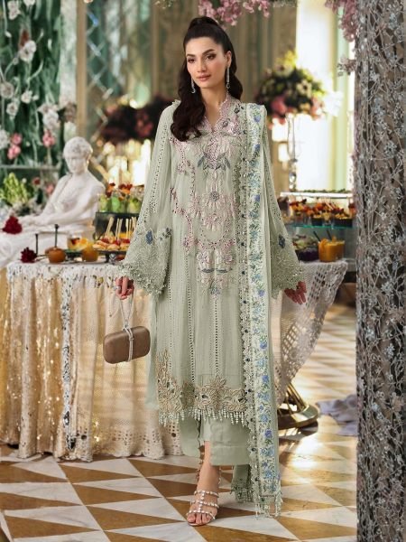 Extraordinary MintGreen Chiffon Embroidered Suit with Handwork and Cutwork 