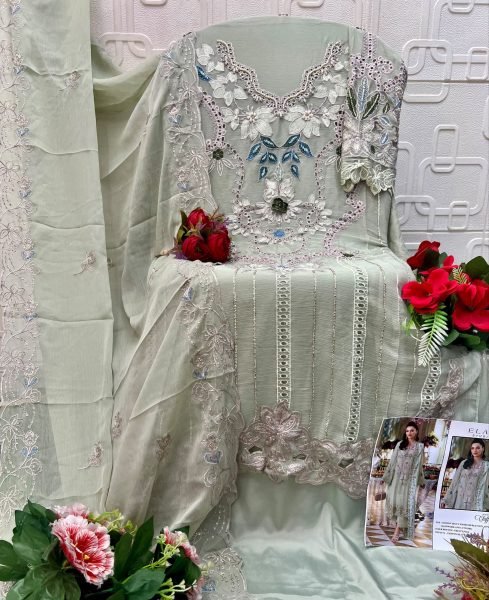 Extraordinary MintGreen Chiffon Embroidered Suit with Handwork and Cutwork Pakistani Suits Wholesale
